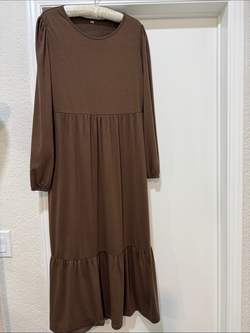 Classic Brown Long-Sleeve Tiered Maxi Dress